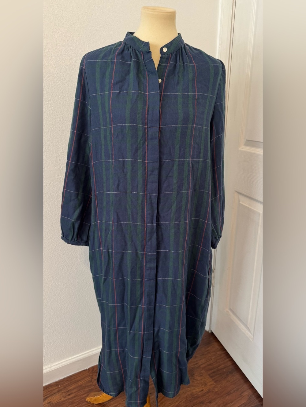 Trovata Navy Plaid Midi Shirt Dress with Green and Pink Stripes